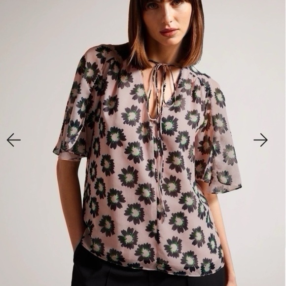 NWT Ted Baker Harlynn Tie Neck Split Sleeve Top In Pink 10 - Picture 4 of 6